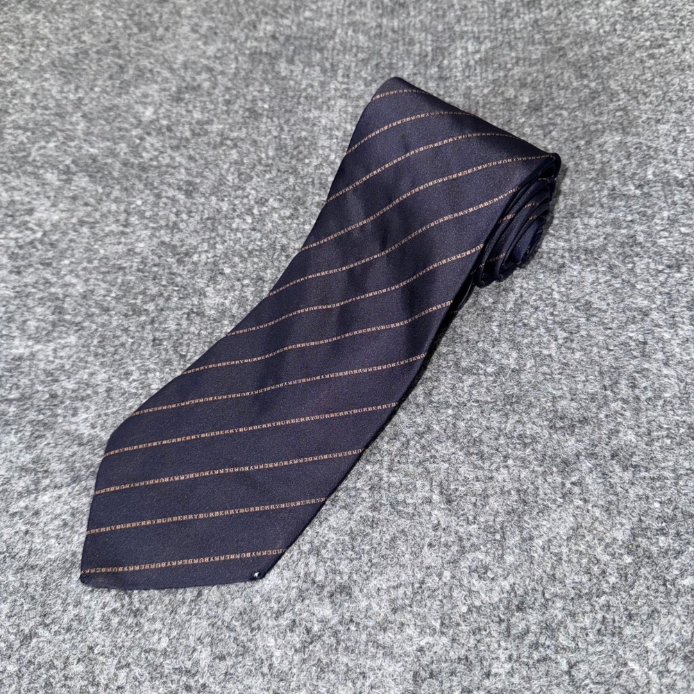 Burberry London Mens Navy Blue Silk Logo Script Diagonal Stripe Necktie Italy